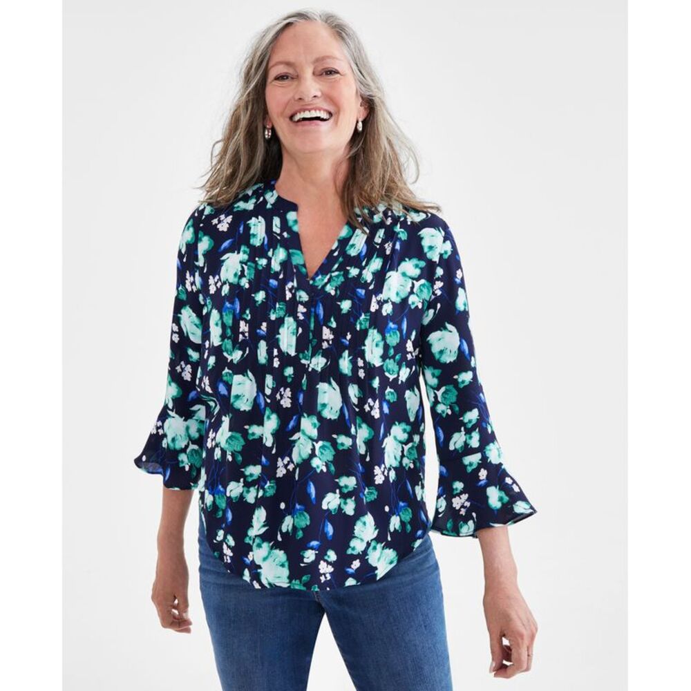 Style & Co. Women's Printed Pintuck Ruffle Sleeve Top, Regular & Petite